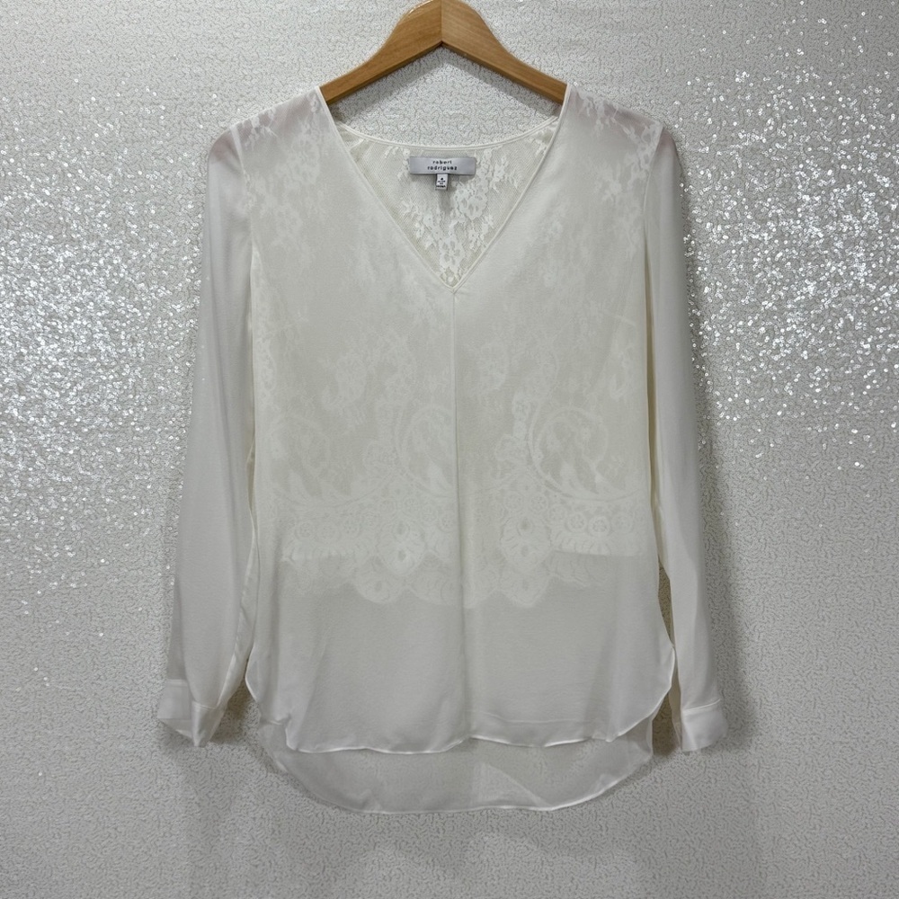 Robert Rodriguez 100% Silk Lace Detail Sheer Tunic Romantic Blouse White V-Neck - Picture 10 of 12